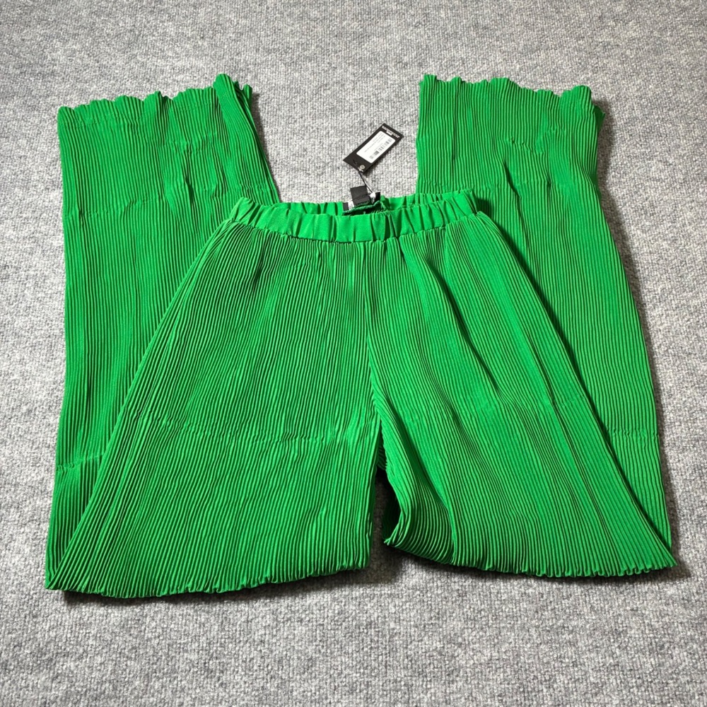 PrettyLittleThing Bright Green Plisse High Waisted‎ Wide Leg Trousers Sz.0